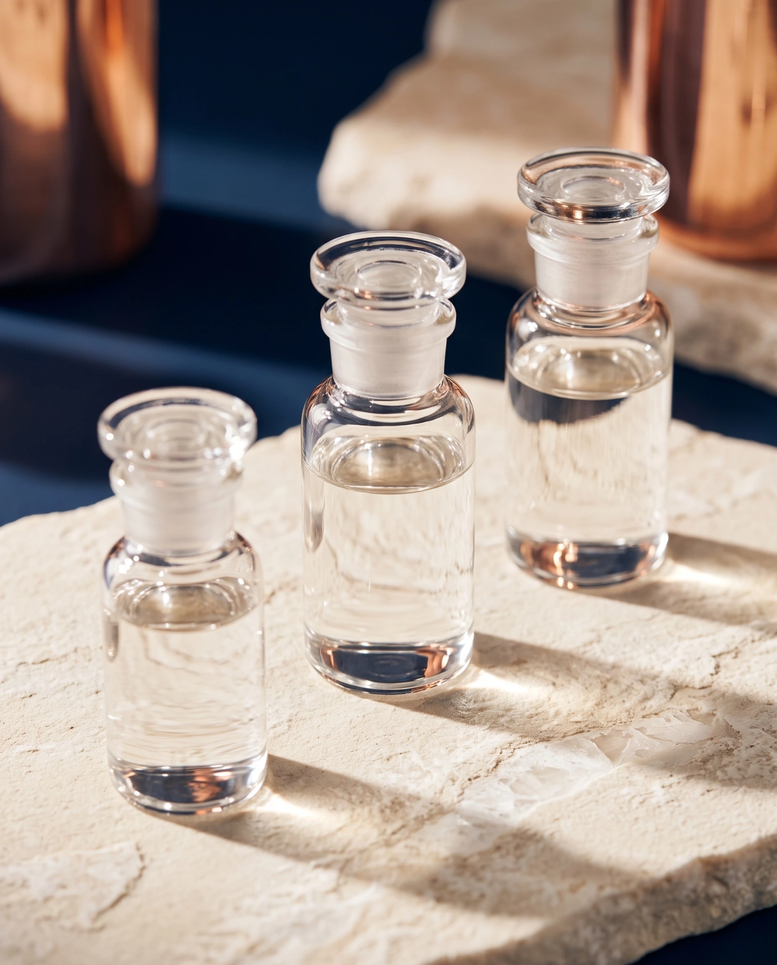 SolarSea 100 liquid trace mineral concentrate in apothecary glass bottles on natural stone — the foundation of ERYTH formulas.