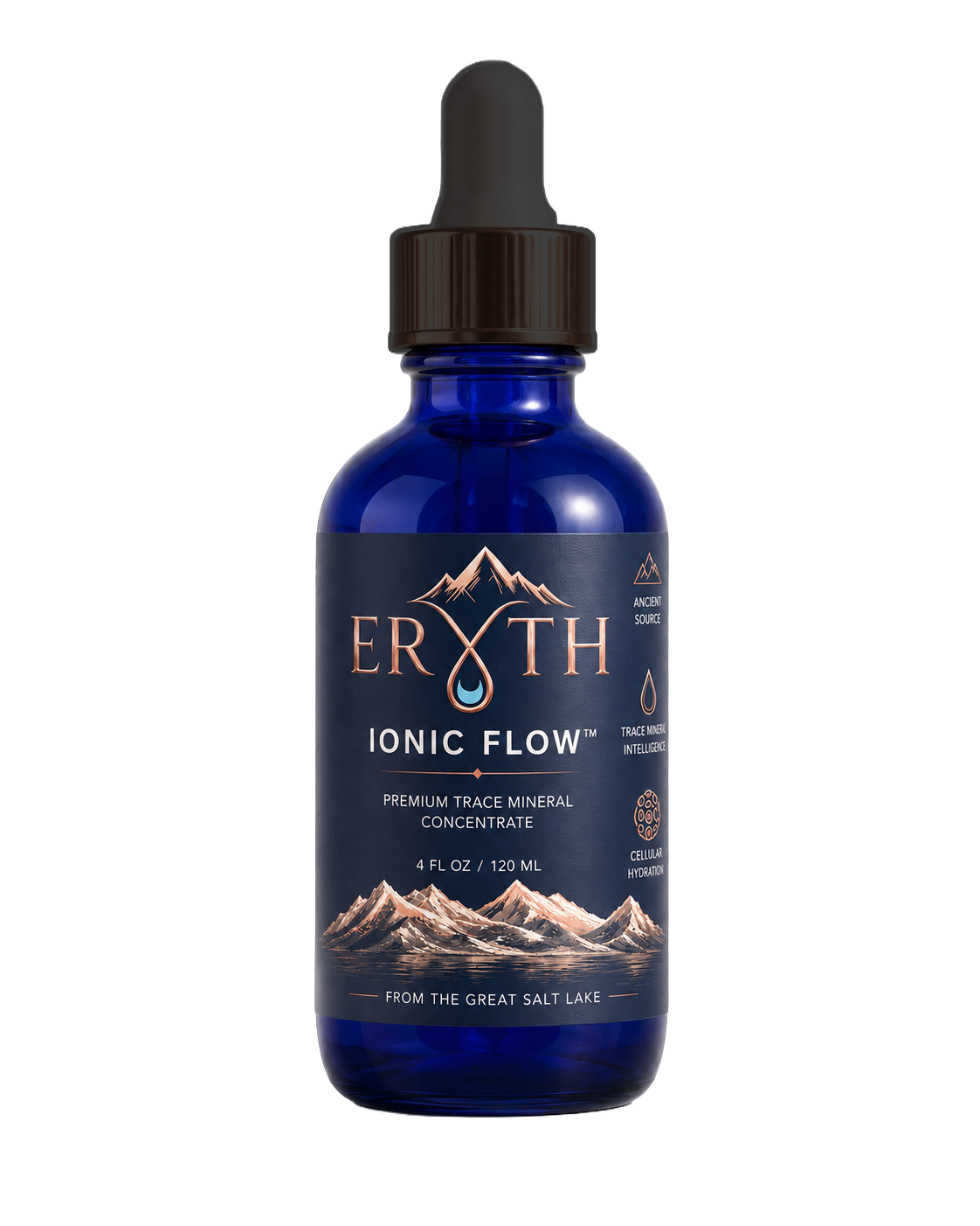 ERYTH IONIC FLOW™ cobalt blue 4 fl oz Boston round bottle with rose-gold cap