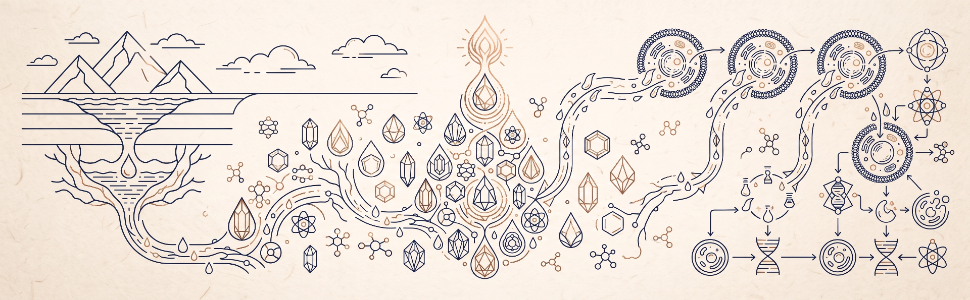 Educational illustration: Great Salt Lake source, ionic mineral droplets, and cellular hydration pathways.