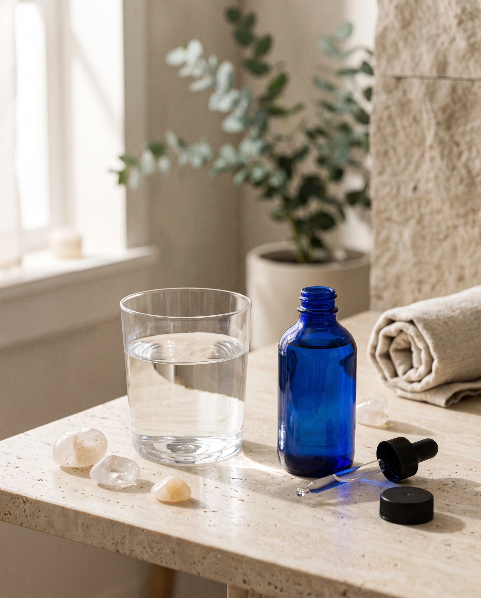 Daily hydration ritual with liquid trace minerals — cobalt blue ERYTH bottle beside a glass of water on a natural stone surface.