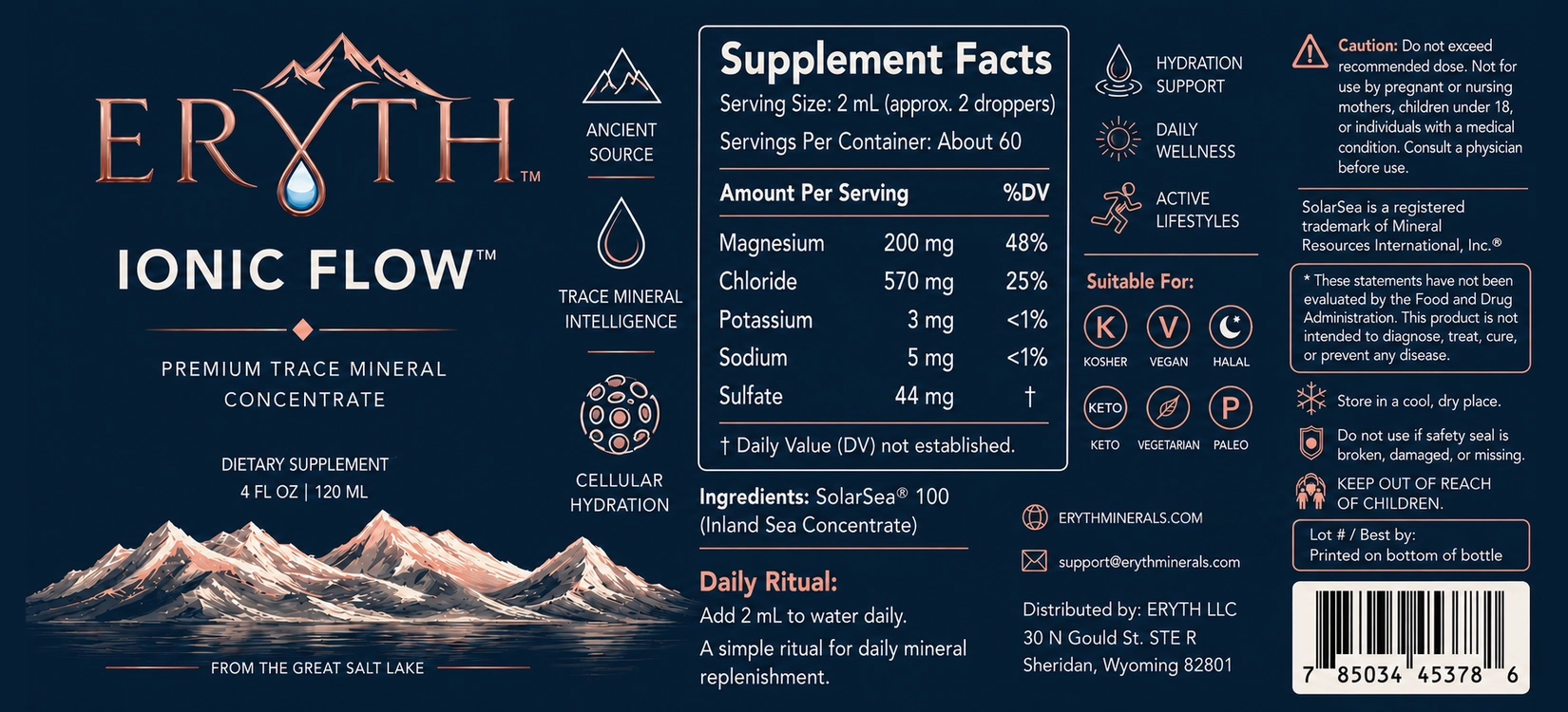ERYTH IONIC FLOW™ bottle label ERYTH IONIC FLOW™ full bottle label — Supplement Facts, ingredients, serving size, daily ritual, and certifications.