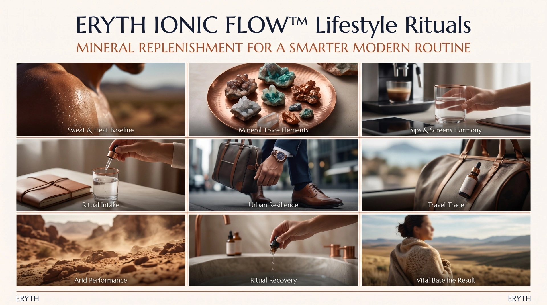 ERYTH IONIC FLOW Lifestyle Rituals ERYTH IONIC FLOW lifestyle rituals collage — daily water, active lifestyle, and mineral replenishment moments.