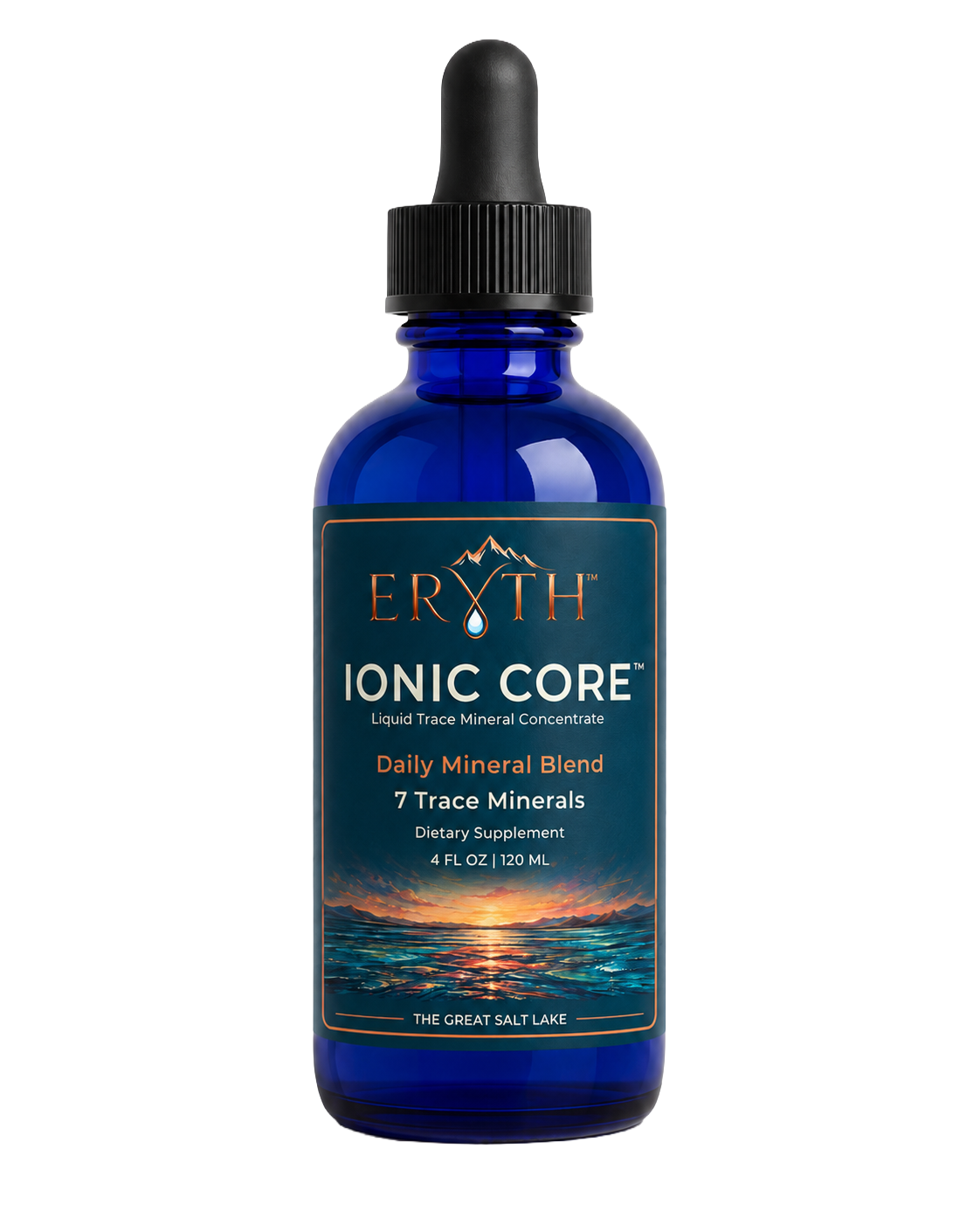 ERYTH IONIC CORE™ cobalt Boston round bottle — Daily Liquid Trace Mineral Blend